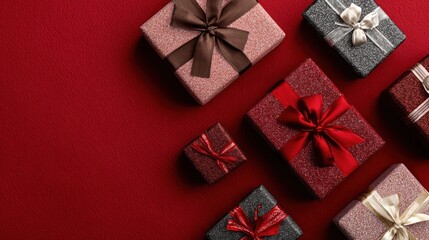 Festive gift boxes on red background for Christmas or romantic holidays with top view and space for text