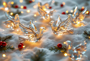Crystal doves and red berries rest on soft snow with warm bokeh lights creating a festive Christmas scene