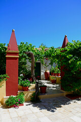 maly dom w hiszpani z dwoma kolumnami przy wejściu, uroczy śródziemnomorski domek z bujnymi zielonymi pnączami, charming mediterranean house lush green climbing plants © kateej