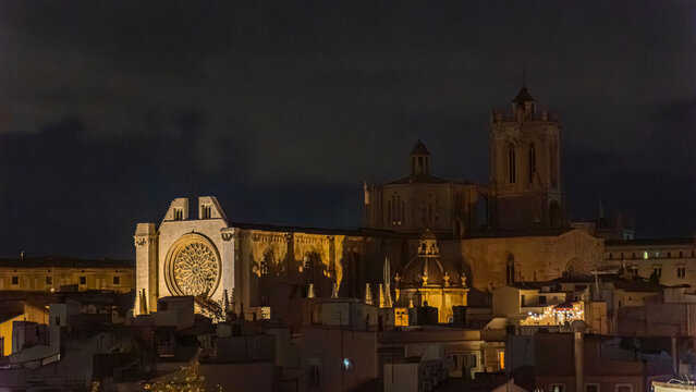 Illuminated Cathedral in Tarragona at night