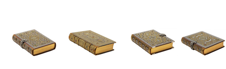 Antique leather book set isolated on white background
