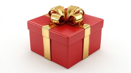 Obraz premium Festive red gift box with shiny gold ribbon and big bow on white background, perspective view