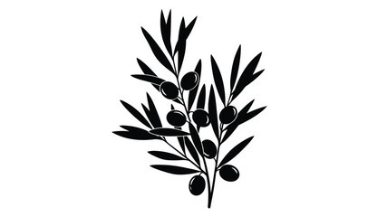 A simple black and white illustration depicting an olive branch with dark round olives