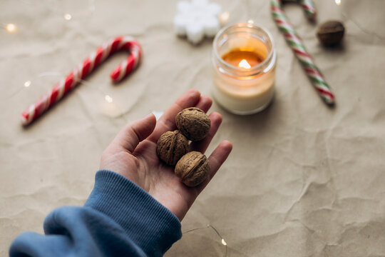 Cozy Christmas scene with walnuts and festive decor