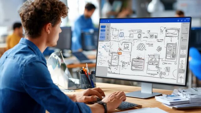 Medium shot of a technician providing remote support through screen sharing guiding a user by highlighting options on a computer monitor.