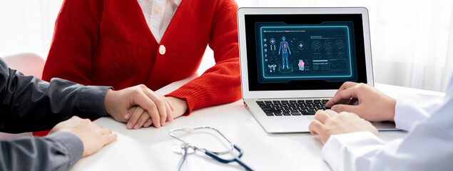 Medical science technology and futuristic healthcare virtual computer software analyze human health and diagnose disease for doctor data and medical research. brisk