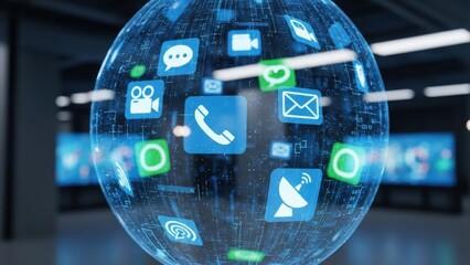 Communication hologram icons floating around digital interface