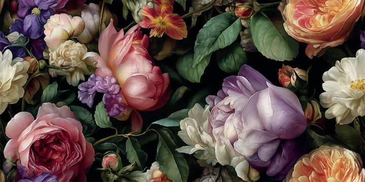 Opulent Dutch Master inspired seamless pattern of richly colored pink, purple, and orange roses and tulips on a black background for luxury textiles or elegant packaging