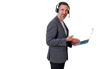 Customer service operator assisting clients, wearing a headset and holding a laptop, smiling, transparent background