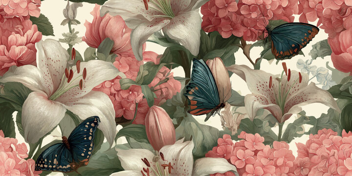 Romantic botanical seamless pattern of white lilies, coral pink hydrangeas, and dark blue butterflies for feminine fabrics, wedding stationery, or luxurious decor