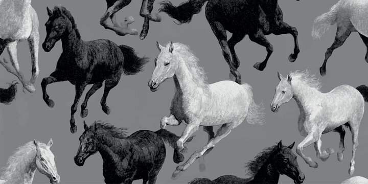 Dramatic engraving style seamless pattern of black and white running horses on a gray background for bold fabrics, masculine home decor, or commercial branding