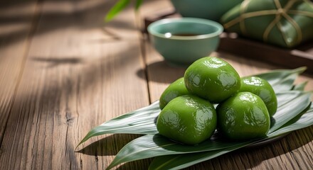 Traditional green rice cakes served for Qingming Festival, symbolizing ancestral remembrance and spring celebration concept on a rustic wooden table