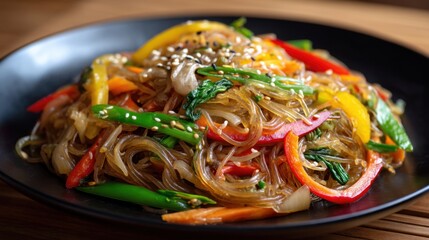 A plate of stir fried noodles sits on a wooden table. The dish has colorful vegetables mixed in. The meal is ready to be enjoyed and looks fresh and inviting.