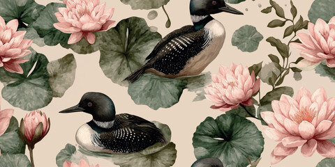 Moody watercolor seamless pattern of loon birds, water lilies, and tiny fish in natural tones for fabrics, sophisticated home decor, or nature-themed branding.