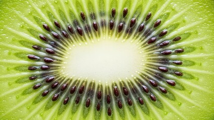 Close-up of fresh kiwi slice with seeds and vibrant green color