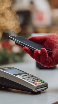Christmas shopping scene with Santa Claus making a mobile payment at a point of sale terminal. Festive decorations enhance the holiday atmosphere. Vertical video made using Generative AI.