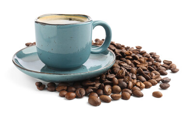 Aromatic coffee in cup and beans on white background