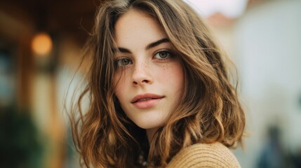 Beautiful young woman with natural makeup and wavy hair poses confidently in urban setting showcasing her fresh and radiant style in soft natural light