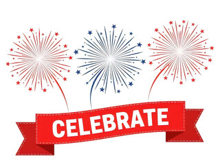 Celebrate with fireworks and ribbon banner