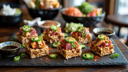 "Spicy Tuna on crispy rice" (Spicy Tuna Crispy Rice). Japanese-American snack. Top the pieces of crispy rice with a mixture of finely chopped raw tuna ahi (sashimi-grade tuna) seasoned with hot sauce.