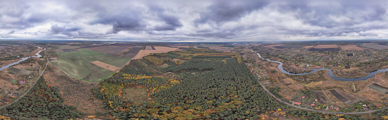 Panoramic aerial view of rural landscape with river Ros, Ukraine.