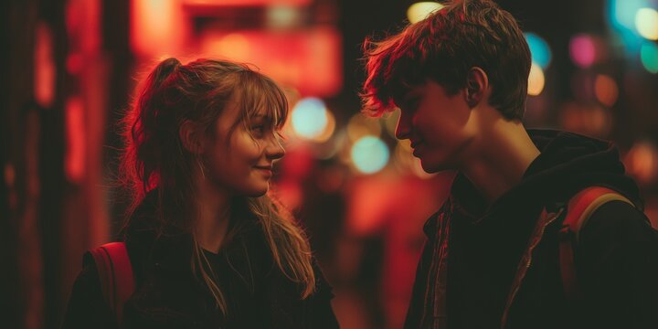 A teenage girl and boy on a first date together. Their Valentine moment feels tender and uncertain.