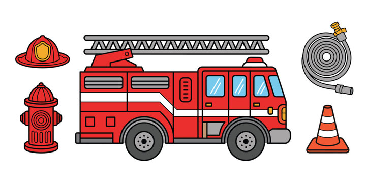 Cartoon Fire Truck with Firefighter Helmet, Hydrant, Hose, and Cone Keywords: fire truck, fire engine, emergency, vehicle, cartoon, illustration