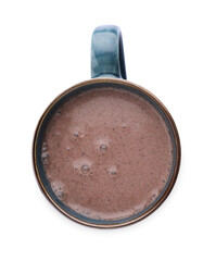 Tasty hot cocoa in cup isolated on white, top view