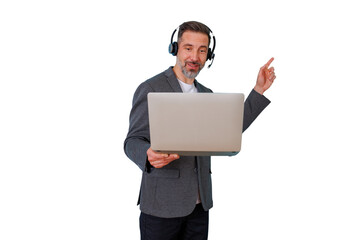 Man giving presentation using headset and laptop, remotely working, pointing finger, educating audience