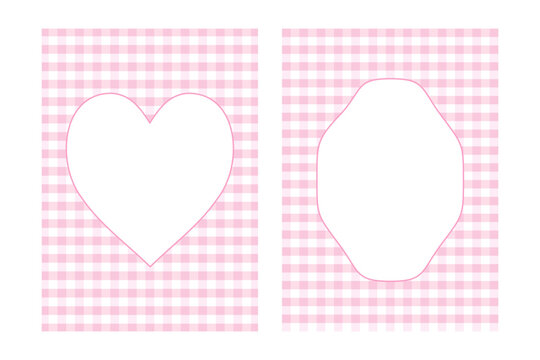 Two pink gingham card templates with white heart and geometric frames. Perfect for Valentine's Day, baby showers, or romantic invitations.