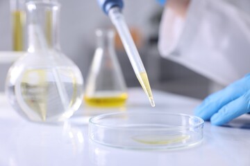 Scientist with dripping motor oil into Petri dish at table in laboratory, closeup