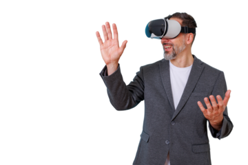 Mature man exploring metaverse with vr headset, interacting with virtual reality, embracing future technology, transparent background