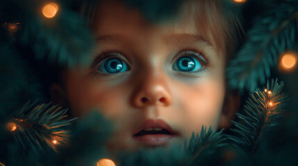 Toddler with wide blue eyes peeking through festive Christmas tree branches, experiencing childlike wonder and holiday magic, anticipating gifts and celebration