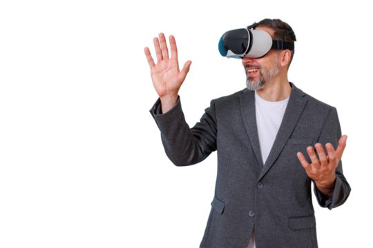 Mature man exploring metaverse with vr headset, interacting with virtual reality, embracing future technology, transparent background - Powered by Adobe