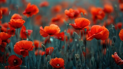 Obraz premium Bright red poppies fill a field under sunlight in spring. The flowers sway gently in the breeze as bees and butterflies move among them creating a lively scene.