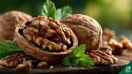 Close-up of walnuts with some leaves on a wooden surface.