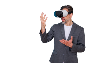 Metaverse experience for businessman wearing vr headset, exploring virtual reality with hand gestures