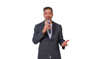 Confident man public speaking into microphone, delivering a presentation, explaining concepts, transparent background