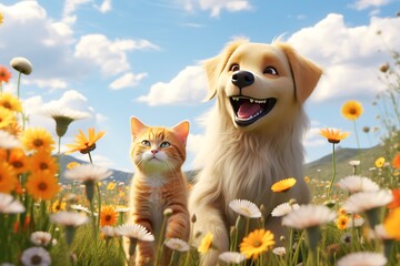 Dog and Cat relaxing in a flower field