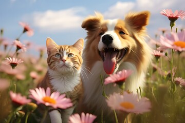 Dog and Cat relaxing in a flower field