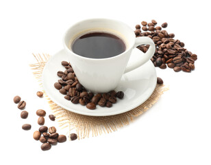 Cup of aromatic coffee and roasted beans isolated on white