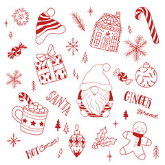 Christmas Cute Cartoon Decor Line Art Set, Hand Drawn Holiday Elements, Winter Doodle pack Illustration