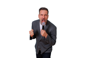 Mature man with a beard and gray jacket holding a microphone, screaming with intense emotion during a live performance