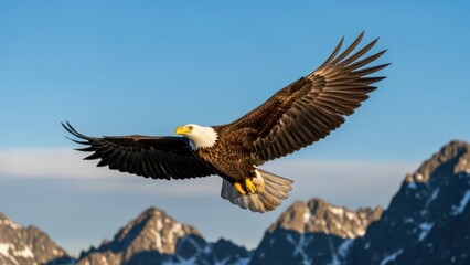 Fototapeta premium Majestic bald eagle soaring over snow-capped mountain peaks in clear blue sky
