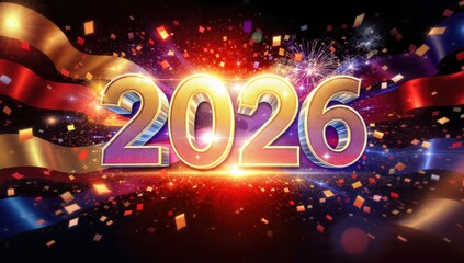 Luxurious 2026 Celebration Banner. Dynamic 3D glittering golden numbers glowing amidst confetti, dazzling fireworks, and vibrant lights for New Year's party background.