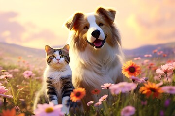 Dog and Cat relaxing in a flower field