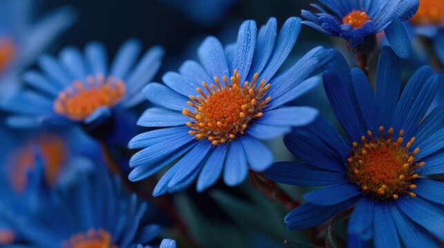 A group of blue flowers with orange centers grows in a garden. The flowers show their vibrant colors under bright sunlight creating a lively scene. Leaves surround the flowers. - Powered by Adobe