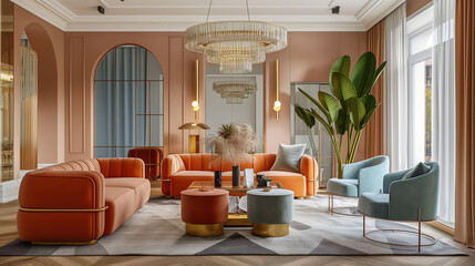 modern luxury living room with fireplace and wooden furniture