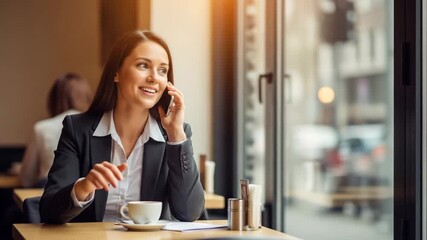 Businesswoman coffee cafe smartphone conversation window daylight smile professional meeting female - Powered by Adobe