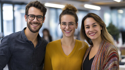 Three young professionals smiling in casual office, startup culture, friendly workplace environment, modern business casual attire, collaborative team spirit, with copy space